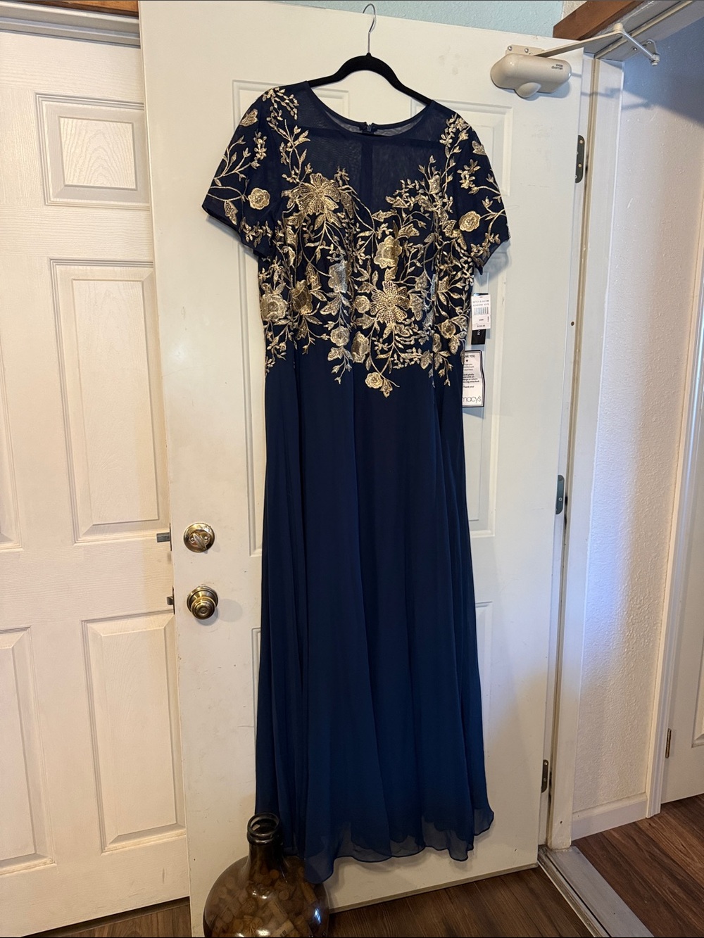 Betsy & Adam Navy Gown with Gold Floral Embroidery built in bra